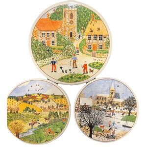 Set Of 3 Vintage Stove Burner Covers, Enamel Ware, English Village, Folk Art